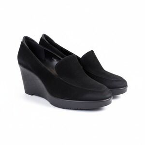 Van Eli Black Suede Wedge Loafers Womens 9.5M Platform Pumps Grid Heel READ